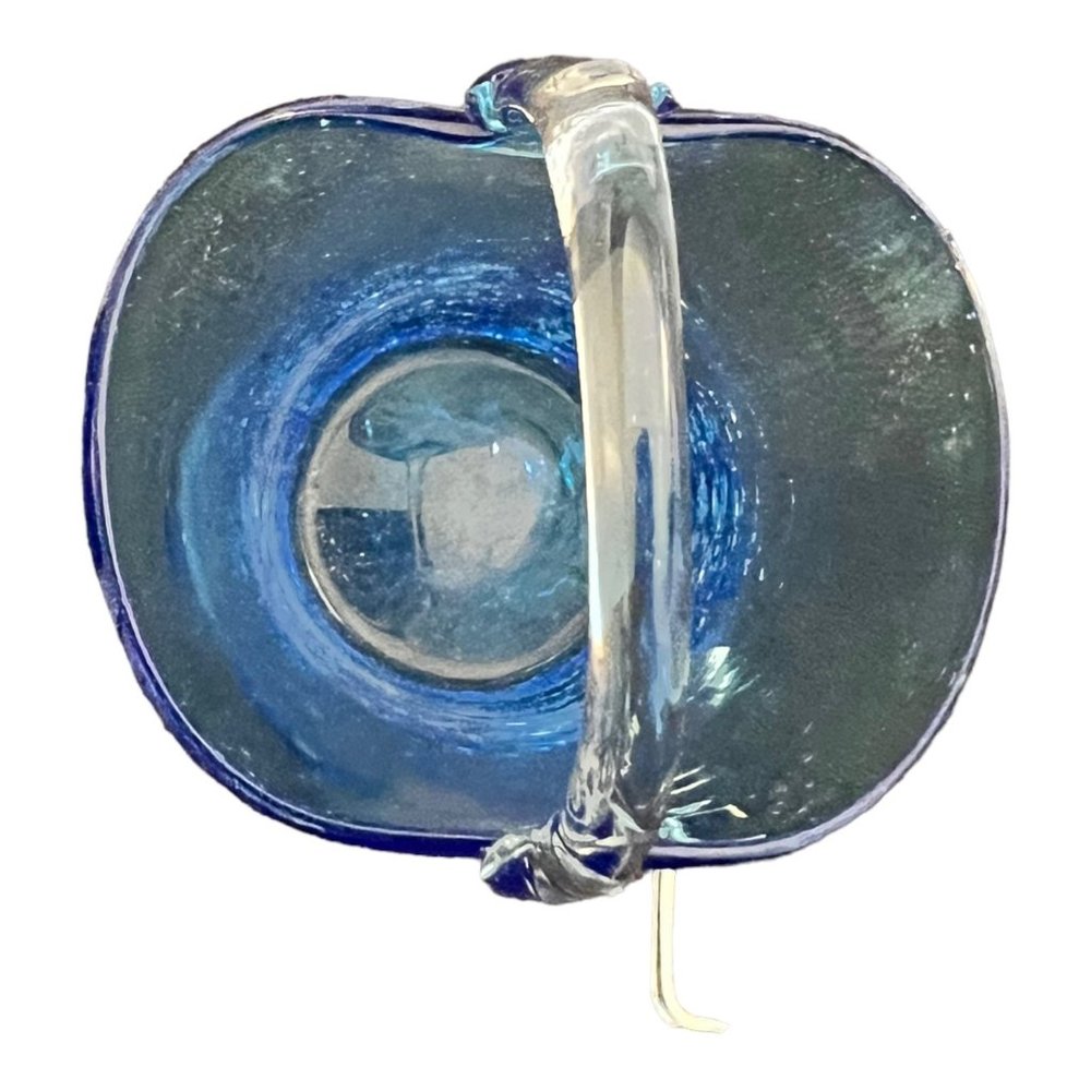 Art Glass Blue Crackled Glass Basket Vase Flower Pot With Handle Hand Blown 3.5" - Picture 4 of 10
